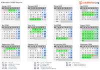Kalender 2020 mit Ferien und Feiertagen Bayern
