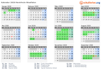 Kalender 2020 mit Ferien und Feiertagen Nordrhein-Westfalen