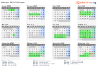 Kalender 2020 mit Ferien und Feiertagen Thüringen