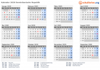Kalender 2020 mit Ferien und Feiertagen Dominikanische Republik