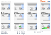 Kalender 2020 mit Ferien und Feiertagen Åland