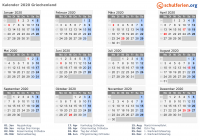 Kalender 2020 mit Ferien und Feiertagen Griechenland
