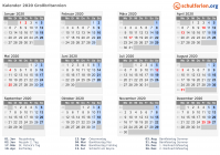 Kalender 2020 mit Ferien und Feiertagen Großbritannien