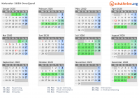 Kalender 2020 mit Ferien und Feiertagen Overijssel