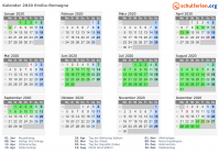 Kalender 2020 mit Ferien und Feiertagen Emilia-Romagna