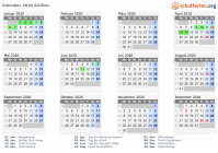 Kalender 2020 mit Ferien und Feiertagen Sizilien