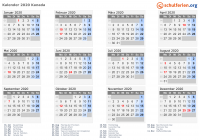 Kalender 2020 mit Ferien und Feiertagen Kanada