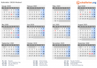 Kalender 2020 mit Ferien und Feiertagen Malawi