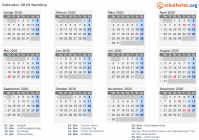 Kalender 2020 mit Ferien und Feiertagen Namibia