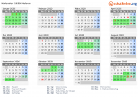 Kalender 2020 mit Ferien und Feiertagen Nelson