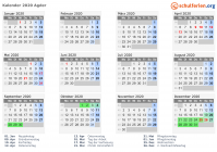 Kalender 2020 mit Ferien und Feiertagen Agder