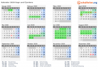 Kalender 2020 mit Ferien und Feiertagen Sogn und Fjordane