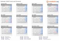 Kalender 2020 mit Ferien und Feiertagen Troms und Finnmark