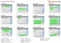Kalender 2020 mit Ferien und Feiertagen Salzburg
