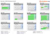 Kalender 2020 mit Ferien und Feiertagen Karpatenvorland