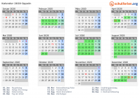 Kalender 2020 mit Ferien und Feiertagen Oppeln