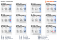 Kalender 2020 mit Ferien und Feiertagen Ruanda