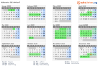 Kalender 2020 mit Ferien und Feiertagen Genf