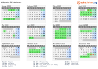 Kalender 2020 mit Ferien und Feiertagen Glarus