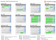 Kalender 2020 mit Ferien und Feiertagen Bratislavský kraj