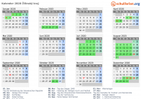 Kalender 2020 mit Ferien und Feiertagen Žilinský kraj