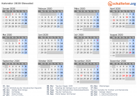 Kalender 2020 mit Ferien und Feiertagen Slowakei
