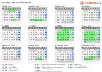 Kalender 2020 mit Ferien und Feiertagen Friedeck-Mistek