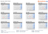 Kalender 2020 mit Ferien und Feiertagen Türkei