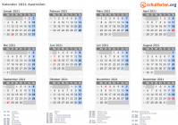 Kalender 2021 mit Ferien und Feiertagen Australien