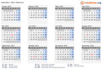 Kalender 2021 mit Ferien und Feiertagen Bahrain