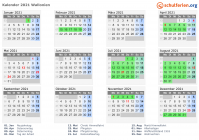 Kalender 2021 mit Ferien und Feiertagen Wallonien