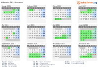 Kalender 2021 mit Ferien und Feiertagen Bremen