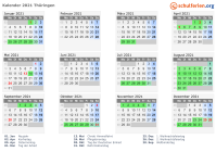 Kalender 2021 mit Ferien und Feiertagen Thüringen