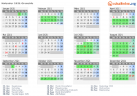 Kalender 2021 mit Ferien und Feiertagen Grenoble