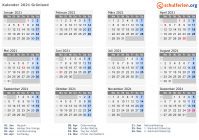 Kalender 2021 mit Ferien und Feiertagen Grönland