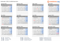 Kalender 2021 mit Ferien und Feiertagen Großbritannien