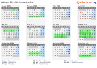 Kalender 2021 mit Ferien und Feiertagen Nordbrabant (mitte)