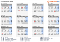 Kalender 2021 mit Ferien und Feiertagen Japan