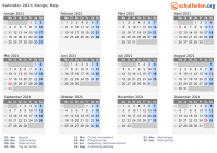Kalender 2021 mit Ferien und Feiertagen Kongo, Rep.