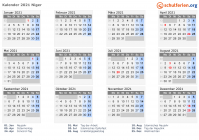 Kalender 2021 mit Ferien und Feiertagen Niger