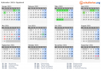 Kalender 2021 mit Ferien und Feiertagen Oppland