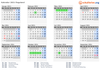 Kalender 2021 mit Ferien und Feiertagen Rogaland