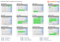 Kalender 2021 mit Ferien und Feiertagen Vestfold und Telemark