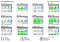 Kalender 2021 mit Ferien und Feiertagen Freiburg