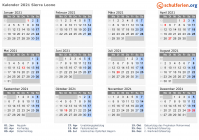 Kalender 2021 mit Ferien und Feiertagen Sierra Leone