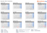 Kalender 2021 mit Ferien und Feiertagen Tschechien