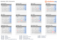 Kalender 2021 mit Ferien und Feiertagen Venezuela