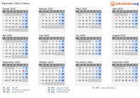 Kalender 2022 mit Ferien und Feiertagen China