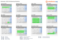 Kalender 2022 mit Ferien und Feiertagen Schleswig-Holstein