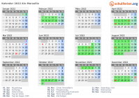 Kalender 2022 mit Ferien und Feiertagen Aix-Marseille